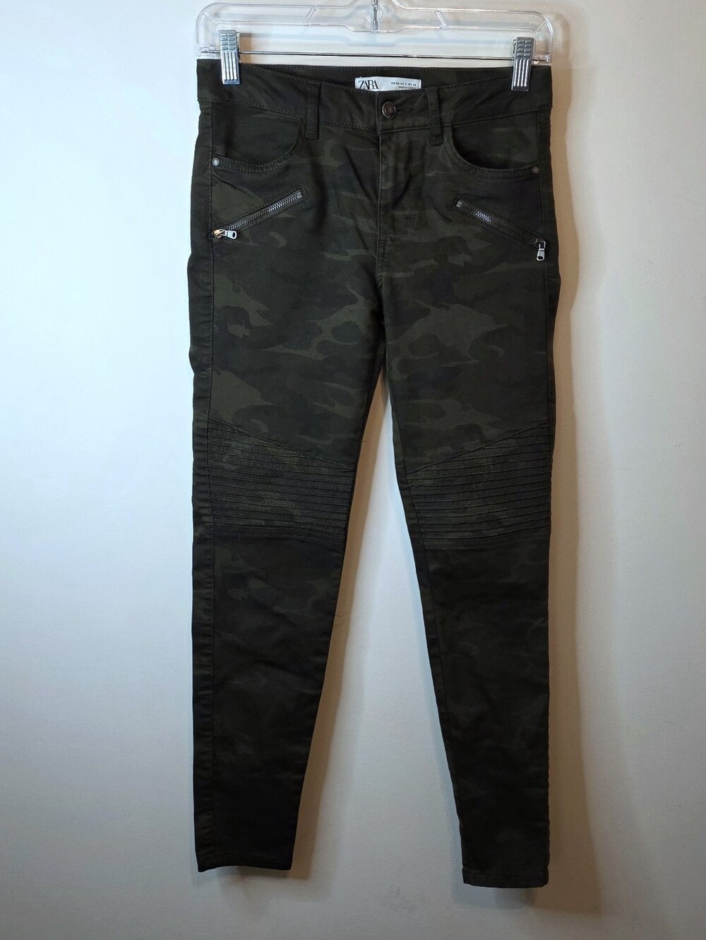 Zara Moto Dark Green Camo Skinny Jeans Biker Camouflage Size 2 Gorpcore
